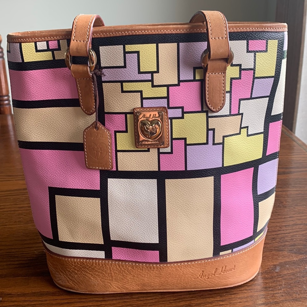 Italian yellow/pink/mauve leather tan straps/ trim pop art bucket bag EUC